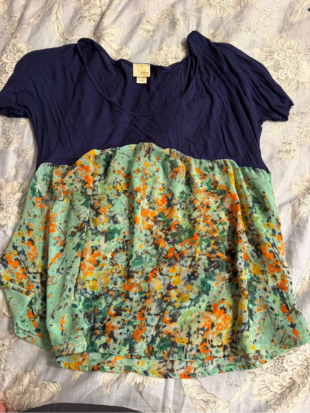 Daytrip Navy & Mint Floral Mixed-Media Tunic